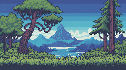 Tropical pixel art landscape with mountains and lake at dusk