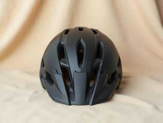 Fototapeta premium Minimalist Black Bicycle Helmet On A Soft Beige Fabric Background.