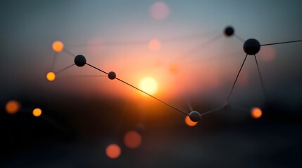 Abstract network structure with luminous connections against a dramatic sunset