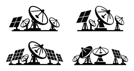 Obraz premium Solar panels, satellite dishes silhouettes. Renewable energy, communication technology in black on a white backdrop.