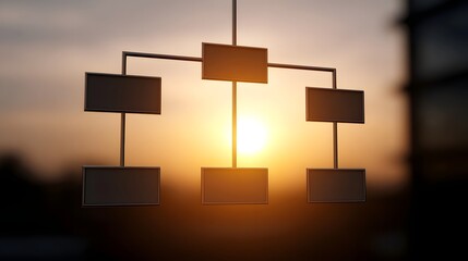 Conceptual business hierarchy diagram with interconnected nodes and levels presented against the backdrop of a vibrant golden sunset sky