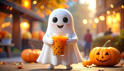 Cute Ghost Holding Orange Drink with Pumpkins and Fall Decorations.