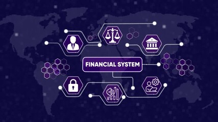 Financial System Network with Icons and World Map global. Seamless loop technology network background concept . Futuristic digital technology animated background concept. - Powered by Adobe