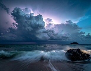 Dramatic seascape with dynamic sky featuring dark, layered storm clouds. Waves crash on shore near a dark rock, creating movement