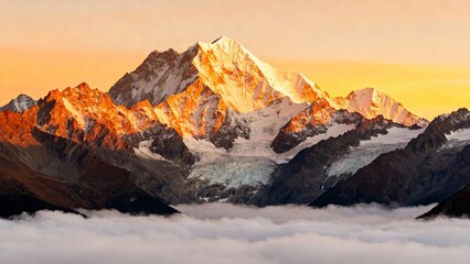 Snow-capped mountain peak illuminated by golden sunrise above a sea of clouds