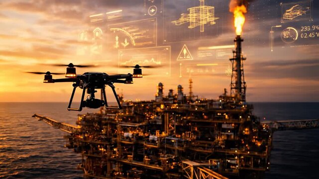 Drone flying near offshore oil platform at sunset with glowing holographic industrial data charts and structural schematics floating in air