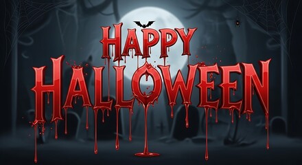 Happy halloween text with spooky night background and full moon
