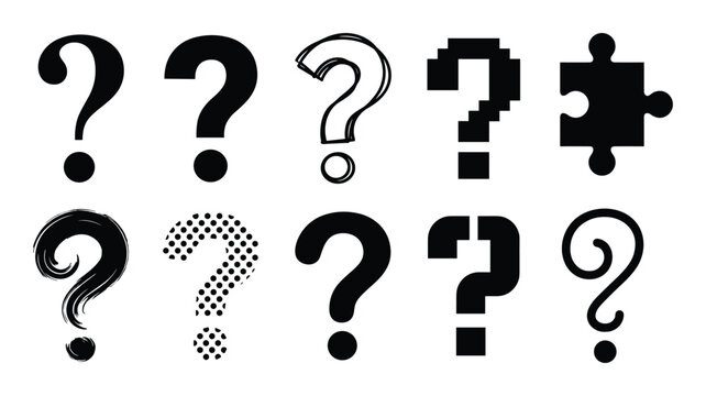 Question marks set in different styles and shapes, isolated on white, conceptual of problem, mystery or solution