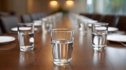 A long conference table is set with glasses of water and plates ready for a business meeting in a formal boardroom