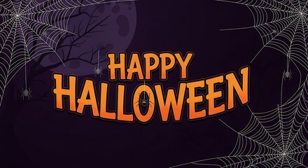 Happy halloween text with spooky spiderwebs and dark purple background
