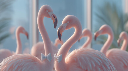 Romantic Flamingos: Two flamingos create a heart shape with their necks in a display of affection. Captured amidst the soft light of a sunny day, showcasing the beauty and serenity.