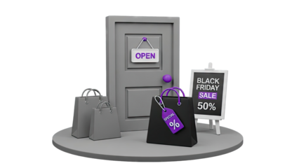 Black Friday Sale 50% Off with Shopping Bags and Open Door