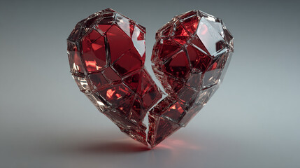 Shiny red 3D broken heart with glossy surface and dramatic split, symbolizing heartbreak, loss, emotional pain, or the end of a relationship in a bold visual style.

