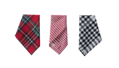 Three neckties, plaid and gingham, against black back