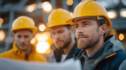 Building Dreams: Group of construction workers collaborating on blueprints under the warm glow of the setting sun.
