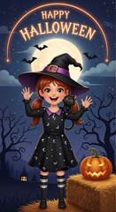 Happy halloween witch with black cat and glowing pumpkin against night sky