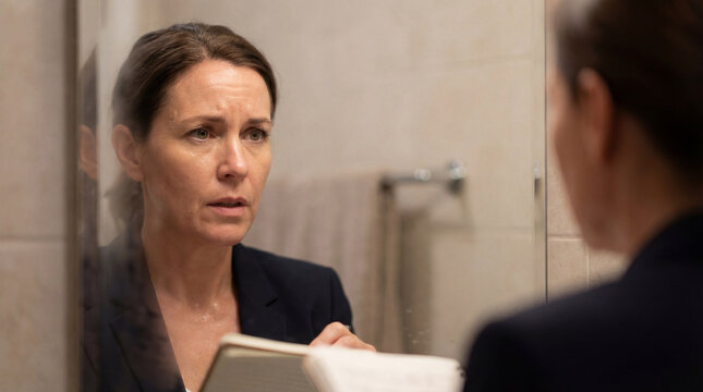 Anxious Corporate Professional Rehearsing Speech in Bathroom Mirror Before Interview