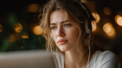 Fototapeta premium Engrossed in Audio: A woman, immersed in her world, focuses intently while wearing headphones. Capturing the tranquility of listening