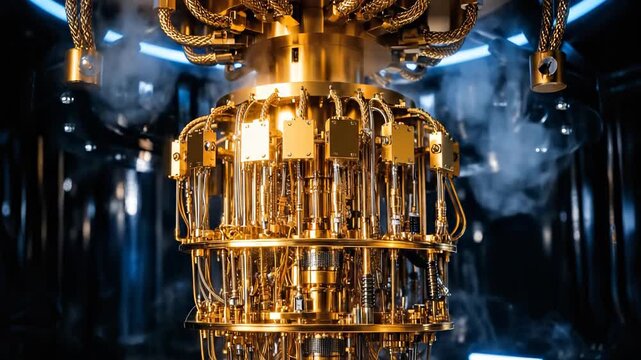 Golden quantum computer chandelier with intricate superconducting cables and cryogenic mist rising in dark high tech laboratory environment