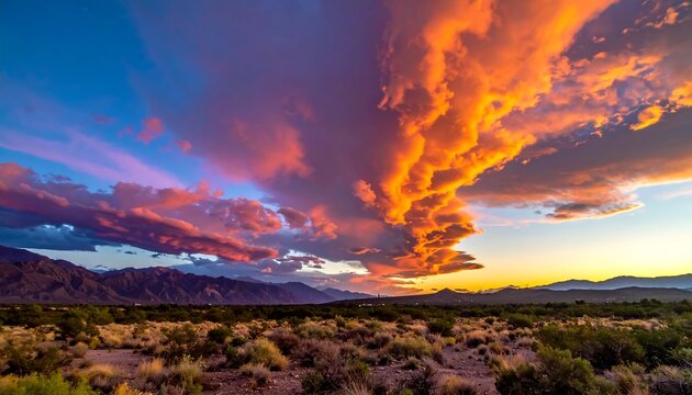 Dramatic sunset over desert landscape. Bright orange, red, and yellow clouds illuminate the dark mountain range in the distance. Low-lying vegetation - Powered by Adobe