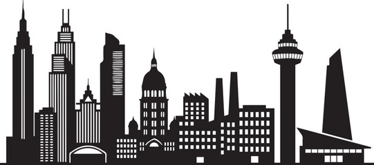 Black and white cityscape silhouette with modern skyscrapers and towers