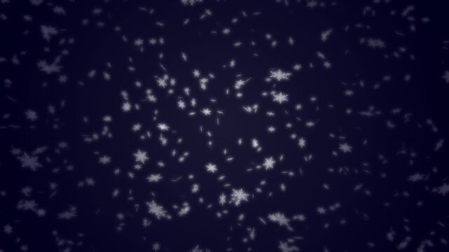 White snowflakes being lit up and falling down on dark blue background. Abstract background for Merry Christmas, Happy Holidays, Season's greetings, Happy Valentine's day and winter season.