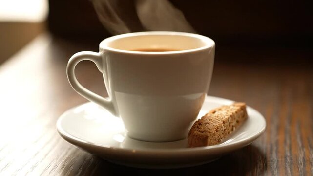 Cup Of Hot Espresso on Wooden Table with Biscotti Cookie and Rising Vapor Aroma in Natural Soft Light for Morning Drink