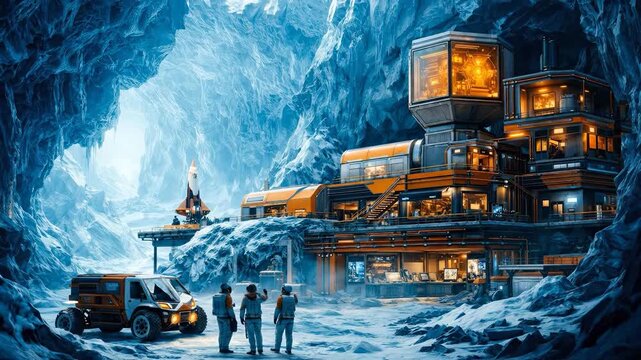 Astronauts and rover exploring underground ice cavern with massive research outpost and rocket ship on landing platform at alien planet base