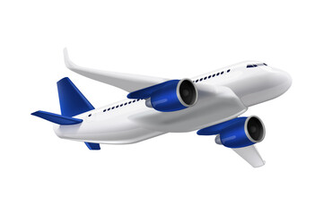 3D cartoon airplane flying up, travel and tourism vacation concept, cute blue passenger jet isolated on transparent background