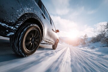 A black SUV drives on a snow-covered road toward the bright sun and mountain backdrop