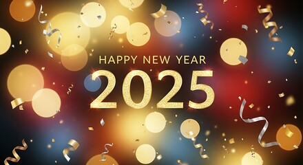Happy new year 2025 festive celebration with bokeh and confetti design