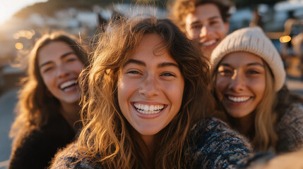 Fototapeta premium Joyful Selfie Moment: A group of friends, bathed in warm sunlight, share a candid selfie, capturing genuine smiles and carefree moments of togetherness and bonding.