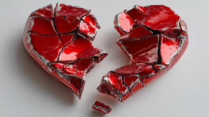 Shiny red 3D broken heart with glossy surface and dramatic split, symbolizing heartbreak, loss, emotional pain, or the end of a relationship in a bold visual style.
