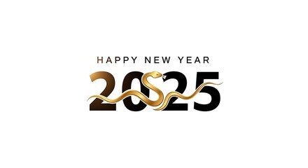 Happy new year 2025 graphic with golden snake on white background