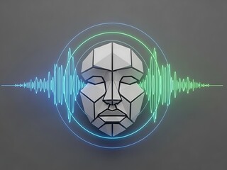 Abstract AI Face Surrounded by Oscillating Sound Waves and Light Effects