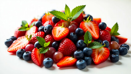 Fresh Mix of Berries Strawberries, Blueberries, and Grapes with Mint Leaves, A Healthy Snack Company Logo Idea for a Wellness Brand