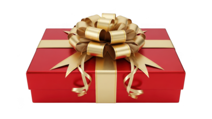 Beautiful red gift box with golden ribbon isolated on transparent background