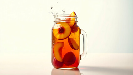 Freshly brewed iced tea with floating peach slices and mint leaves in a glass jar, perfect for a company logo representing refreshment and summer vibes