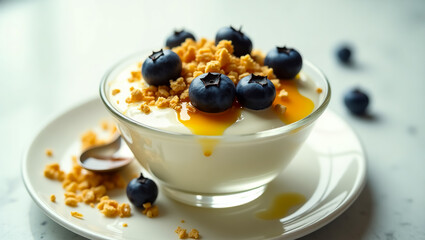 Captivating cinematic quality in this hyperrealistic blueberry yogurt, a mesmerizing visual for a health company's impactful logo and successful branding