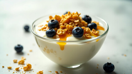 A vibrant and delicious closeup of fresh blueberries and granola topping a creamy yogurt bowl, perfect for a healthy breakfast or snack company logo
