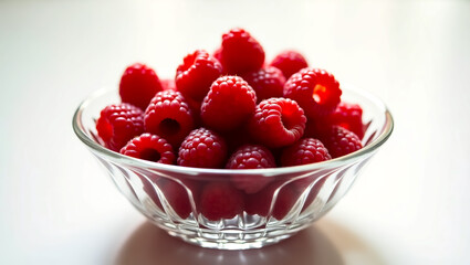 Mesmerizing, vibrant cinematic photograph of fresh raspberries in glass bowl, inspiring unique company logo ideas, conveying natural quality