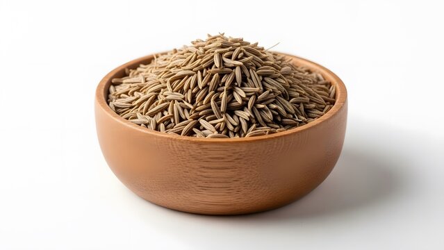 A closeup of a healthy heap of organic brown rice and dried cumin seeds in a white bowl with raw seasoning ingredients like rosemary and caraway isolated on a plain background