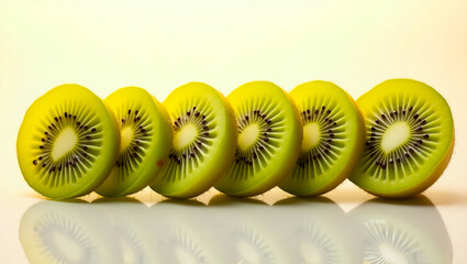 Deliciously Fresh Sliced Kiwis Arranged in a Row on a Reflective Surface, Perfect for Food Branding, Marketing, and Healthy Lifestyle Company Logos