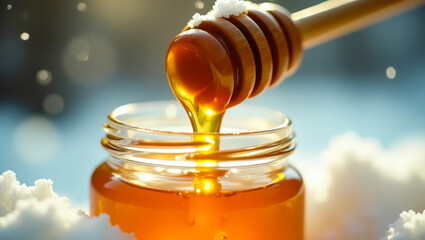 A mesmerizing cinematic vision of golden honey gracefully dripping into a jar, offering a dreamlike essence for a company logo signifying purity, natural quality, and wholesome brand appeal