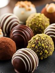 Assortment of decadent chocolate truffles on a slate serving platter