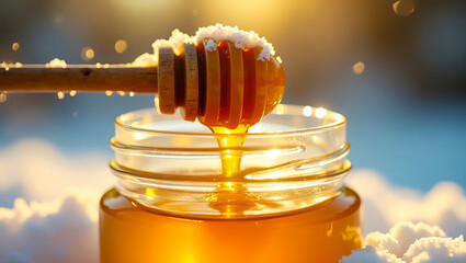 Golden Honey Drip From Wooden Dipper Into Glass Jar, Snow-Dusted Nature Scene, Company Logo Concept with Warm Golden Light and Natural Elements