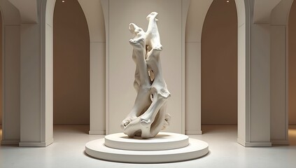 Abstract monumental bone-like sculpture in a luxurious modern museum setting with soft lighting and architectural arches