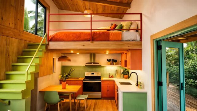 Colorful modern tiny cabin interior featuring orange kitchen green staircase and loft bedroom with open doors to tropical lush nature view