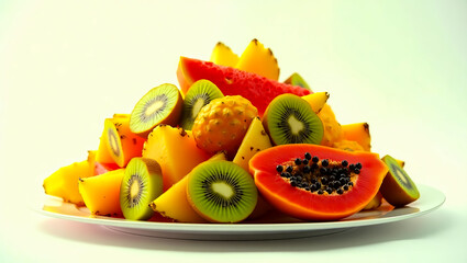 A vibrant, healthful medley of freshly cut tropical fruits, showcasing natural goodness; ideal for a healthy food company's brand logo or marketing