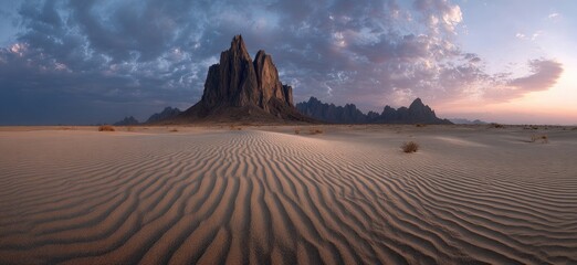 Expansive desert scene showcasing sand dunes in foreground, rocky mountains, and cloudy sky at sunset